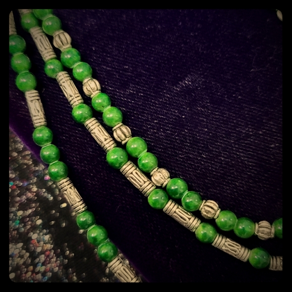 Green Agate Multi Layer Bead Necklace w/ Butterfly